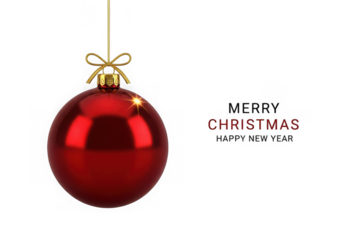 Shiny red christmas ornament hanging with merry christmas text isolated isolated on transparent background