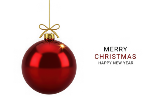 Shiny red christmas ornament hanging with merry christmas text isolated isolated on transparent background