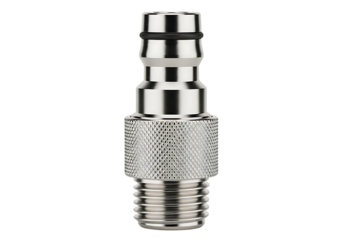 Chrome quick connect coupling with threaded end and textured grip isolated on transparent background