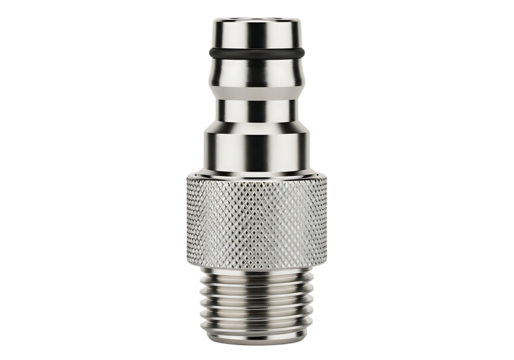 Chrome quick connect coupling with threaded end and textured grip isolated on transparent background