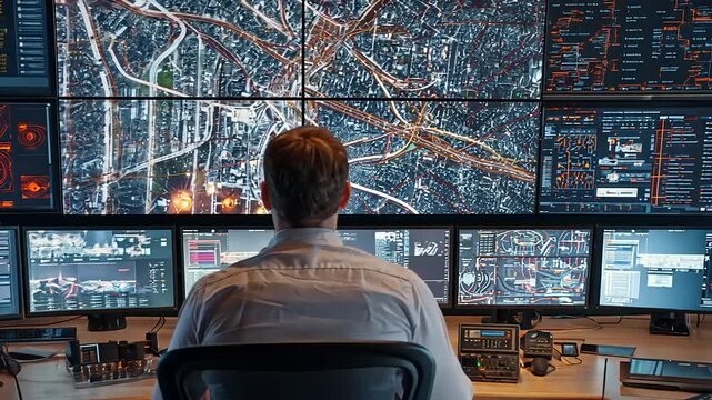 Operator monitoring multiple screens in a high-tech control room analyzing city traffic data