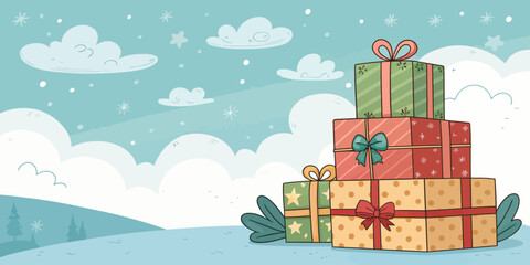 Vector christmas illustration of stacked christmas presents with bows in a wintery scene with clouds and stars design