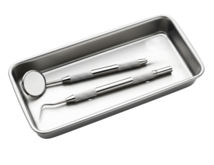Dental instruments in a metal tray isolated on transparent background
