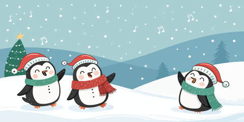 Vector christmas three cartoon penguins wearing santa hats and scarves singing christmas carols in a snowy winter scene