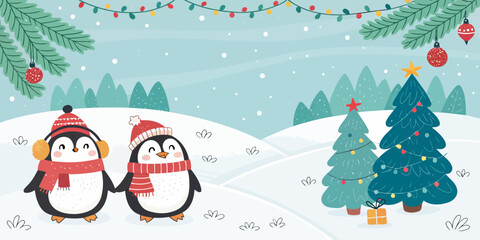 Vector christmas two penguins holding hands in a snowy landscape with christmas trees and festive decorations hanging above