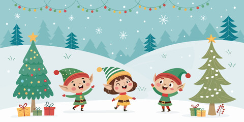 Vector christmas three christmas elves in a snowy landscape with christmas trees and christmas lights above them all