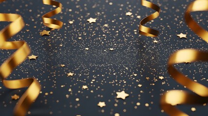Golden ribbons and stars on dark background celebration and party decorations