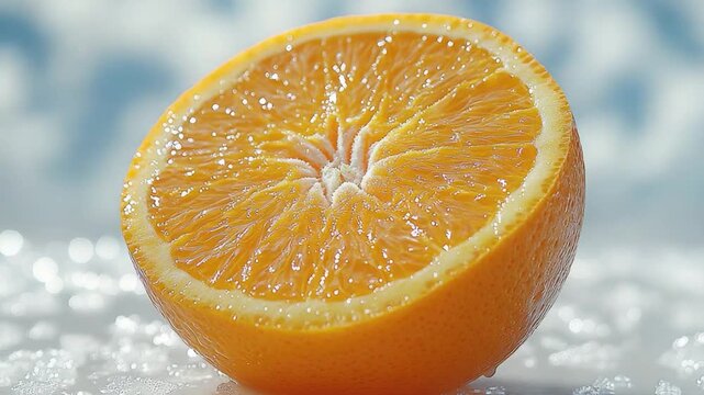 A half of an orange is placed on a table, with the stem still attached