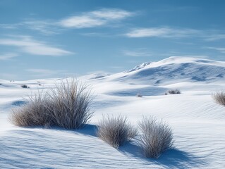 Snow-covered sand dunes with intricate wind-swept patterns are dotted with frost-laden shrubs casting long shadows under a clear, soft blue sky with wispy clouds���� on a crisp winter day.