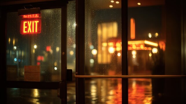 Illuminated EXIT sign viewed through a rainy glass door. - Powered by Adobe