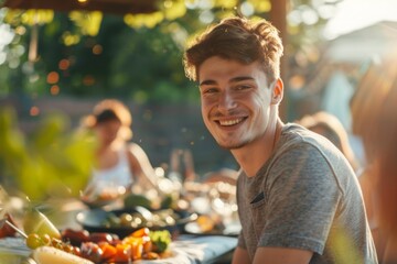 Young man smiling at a summer outdoor gathering with friends
