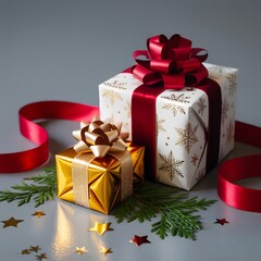 Festive wrapped presents with ribbons for Christmas and New Year