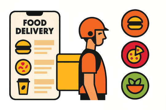 Food Delivery Service with Mobile App, Rider and Food Icons, Vector Illustration - Powered by Adobe