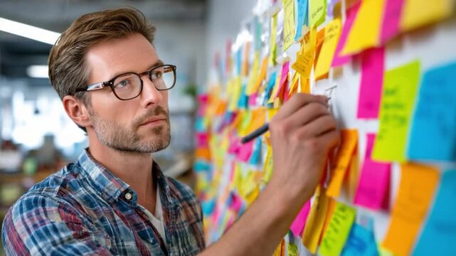 Idea Visualization: A thoughtful professional immersed in the creative process, surrounded by a vibrant tapestry of ideas meticulously documented on colorful sticky notes.