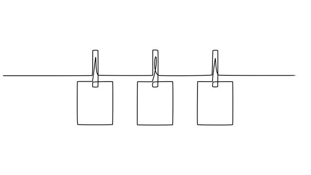 photo frame continuous one line drawing animation, Self drawing animation Photo frames hanging on the rope with clothespins in one continuous line drawing. Full length animation High quality 4k video.