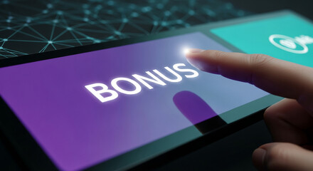 Close-up of a finger touching a tablet with the word "BONUS" on a purple screen, representing offer, promotion, and digital interaction online