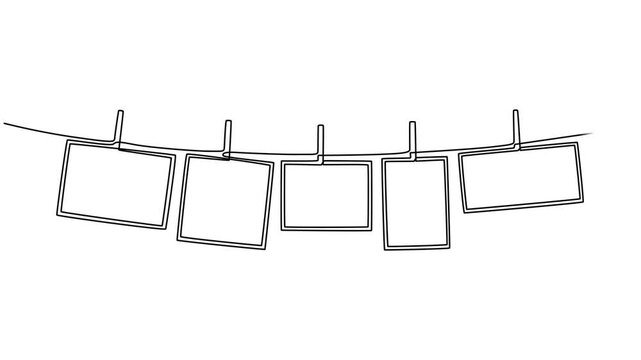 photo frame continuous one line drawing animation, Self drawing animation Photo frames hanging on the rope with clothespins in one continuous line drawing. Full length animation High quality 4k video.