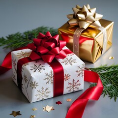 Wrapped holiday presents with ribbons and bows on a gray surface