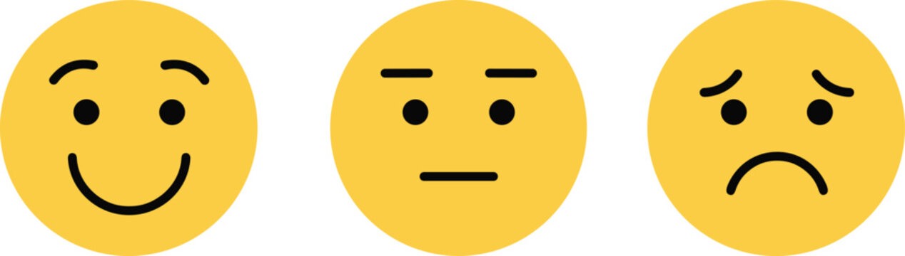 Simple illustration depicting a mood scale, including smiling, expressionless, and frowning faces, ideal for user experience and service reviews.