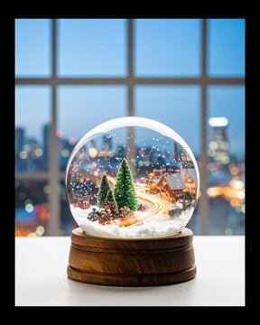 City skyline snow globe with falling snow and warm bokeh lights
