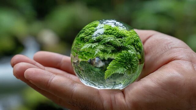 Tiny World in Hand: A glass sphere cradles a miniature world of vibrant green life, held gently in a human hand, representing balance and interconnectedness.