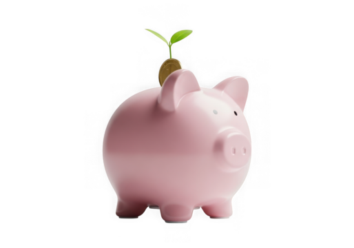 Pink piggy bank with a small green sprout growing from coin slot isolated on transparent background