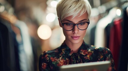 A stylish woman is reviewing information on a digital tablet while surrounded by clothing in a vibrant boutique. The organized display enhances her engagement with the inventory.
