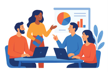 Business meeting with diverse team presenting data analysis and growth strategies on a whiteboard with laptops
