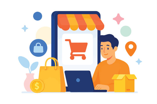 Online shopping illustration featuring a person using a laptop and phone with shopping bags and a delivery box