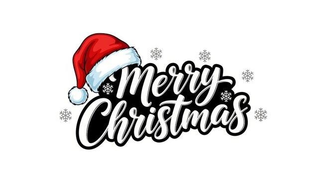 Merry Christmas Hand Lettering with Santa Hat on Black Background