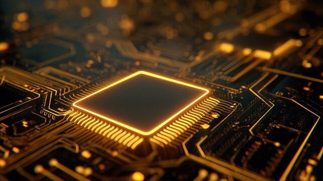 The image features a modern microchip with an illuminated golden outline resting on a complex circuit board. This intricate circuit board highlights advanced technology and connect