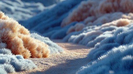 A winding sandy path meanders through clusters of soft, fuzzy plants in warm brown and cool blue tones, set against a background of blurred, similar vegetation in a desolate yet dreamy winter desert