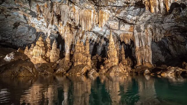 Intricate geological formations: Capture the stunning details of stalactites, stalagmites, columns, and flowstones, highlighting their unique textures and mineral compositions within the cave.