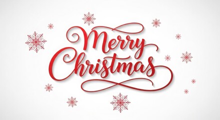 Merry christmas" greeting card design with red script and snowflakes