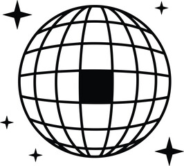 Stylized Black and White Disco Ball Vector Illustration with Sparkles, Perfect for Nightclub, Party Poster, Retro Music, and Celebration Graphics.