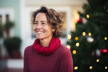 Adult woman smiling joyfully near a christmas tree