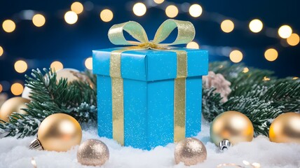 Beautiful Christmas Gift with Golden Ribbon and Festive Holiday Decorations