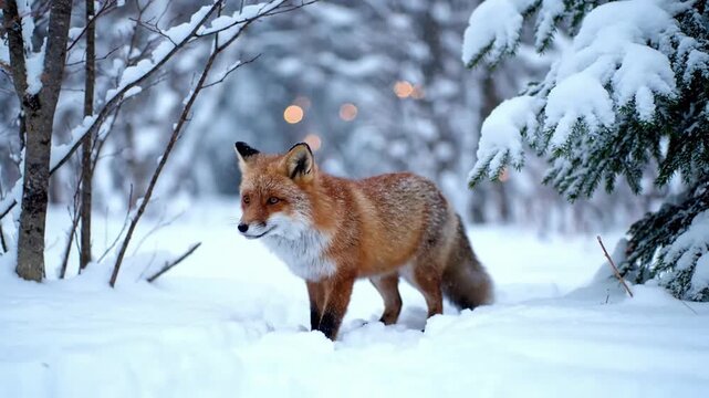 Observing a cunning red fox navigating a snow covered forest, its vibrant fur a striking contrast against the pristine white landscape, embodying wilderness survival.