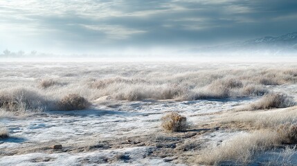 A vast desert landscape under a heavy clouded sky, with frost and sparse yellow shrubs covering the undulating ground, and distant mountains shrouded in mist creating a cold, silent winter atmosphere.