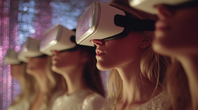 A group of women wearing virtual reality headsets stands in a dimly lit space with colorful lights glowing in the background. The women are deeply focused on their immersive virtua
