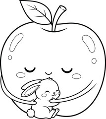 Cute Apple Character Hugging Bunny – Adorable Cartoon Line Art Illustration for Kids Coloring Pages, Kindness Themes, and Creative Learning Activities