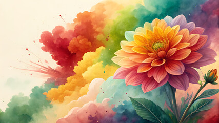 Digital watercolor explosion of reds, yellows, greens, and violets.