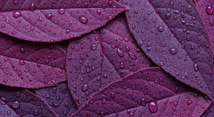Dew covered purple leaves overlapping in a natural pattern with water droplets creating a textured botanical background