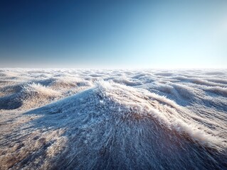 An aerial view of a vast frozen desert with thick snow and ice covering undulating dunes, showing soft light and shadows under a clear gradient blue sky, creating a serene polar-like scene.