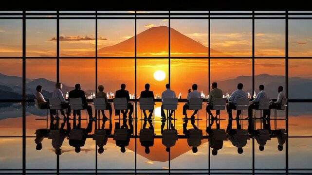 Meeting with Mountain View: A business meeting unfolds against a breathtaking backdrop of a mountain range at sunset, fostering inspiration. 