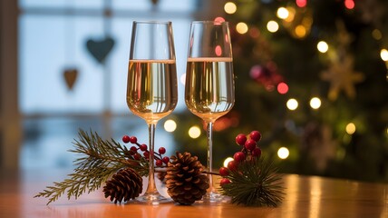 Festive Celebration with Champagne Glasses and Holiday Decorations with Sparkling Lights