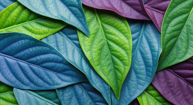 Colorful blue green and purple leaves forming vibrant overlapping foliage pattern with detailed veins and natural botanical texture