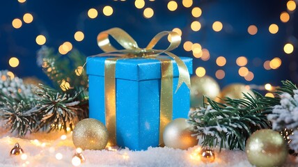 Festive Christmas Gift Wrapped in Blue with Golden Ribbon Decoration