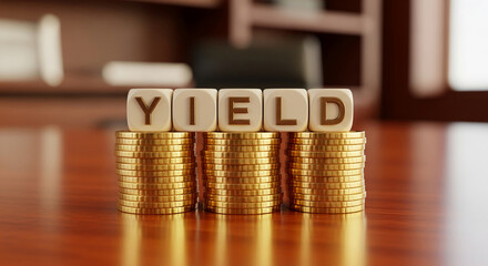 Close-up of three stacks of golden coins with white cubes displaying the word "YIELD", representing financial return or investment income