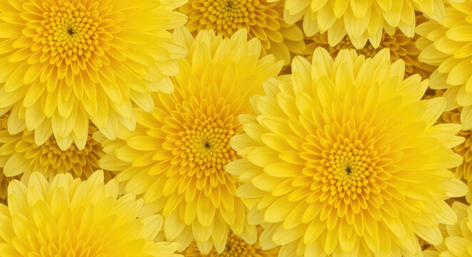 Radiant yellow chrysanthemum blossoms forming floral pattern with overlapping petals in vibrant close up background